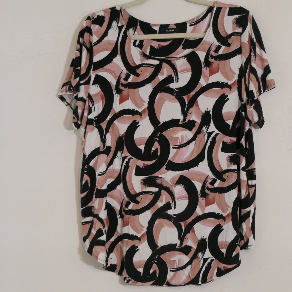 Alfani Womens Blouse 2X Pink Black Abstract Brushstroke Modern Stretch Artistic